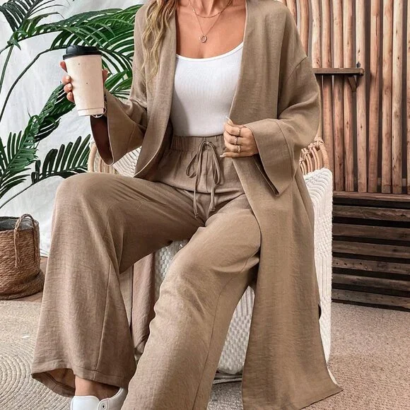 Khaki Casual Women's Loose Long Coat And Wide Leg Pants Set